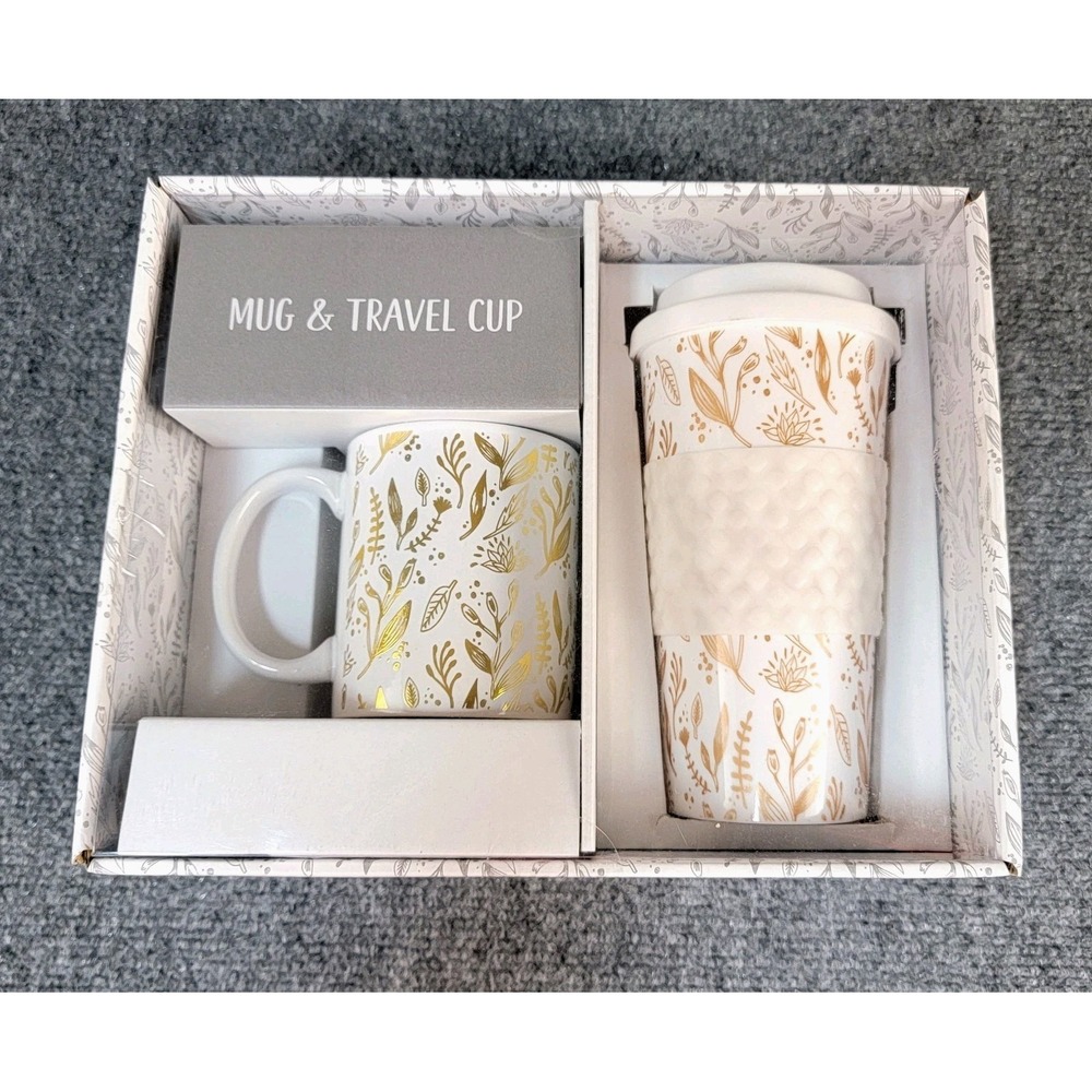 New View Mug‎ & Travel Cup Set White Gold Floral Gift Set